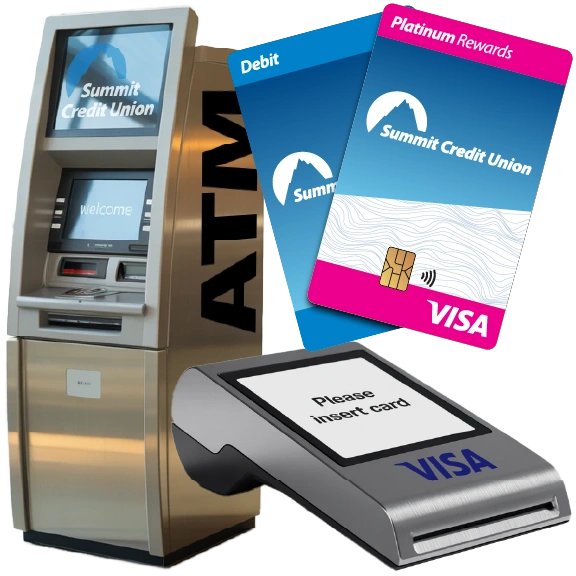 Collage of credit and debit cards, ATM, and bank card reader