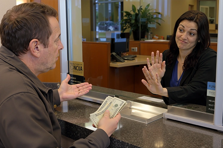 Photo of a teller refusing payment